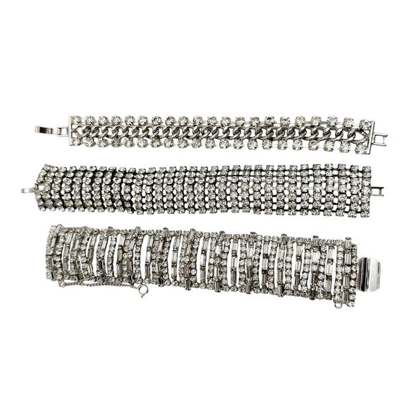 Vintage Rhinestone Tennis Bracelet Trio 1950s Glam Sparkle - Picture 4 of 13